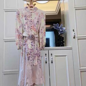 Zimmermann Size 1 Pastel Floral Linen Dress with Belt